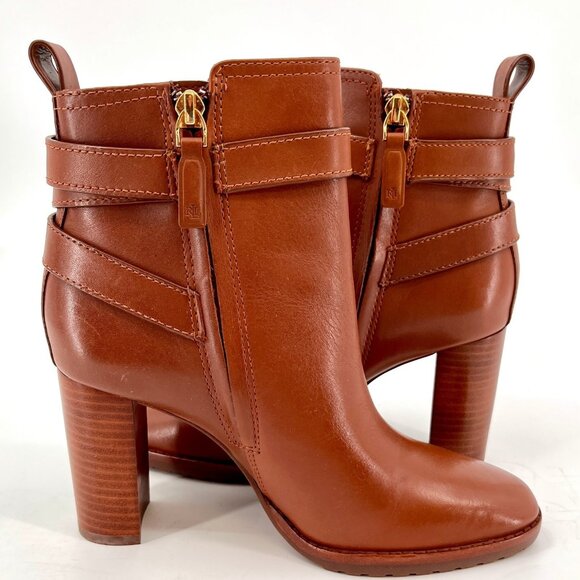 Lauren Ralph Lauren Madisyn Bootie Size 7B Polo Tan Leather Buckled Ankle Strap - Picture 3 of 16